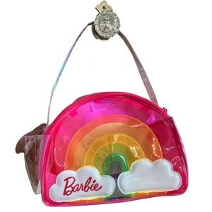 Barbie Pink Vinyl Rainbow Bag Zipper Velcro Closure Silver Handle Sparkly Clouds